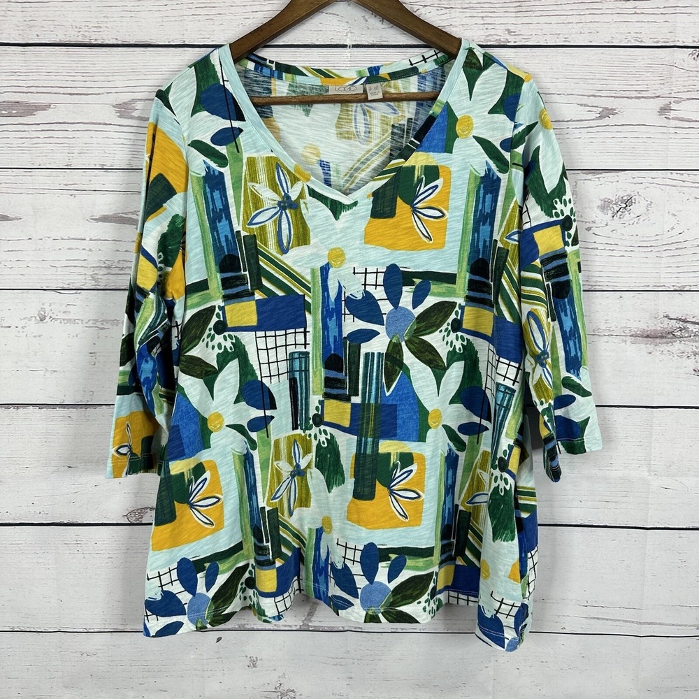 Logo Lori Goldstein Top Shirt Womens 1X Blue Geometric Lagenlook boxy Floral‎